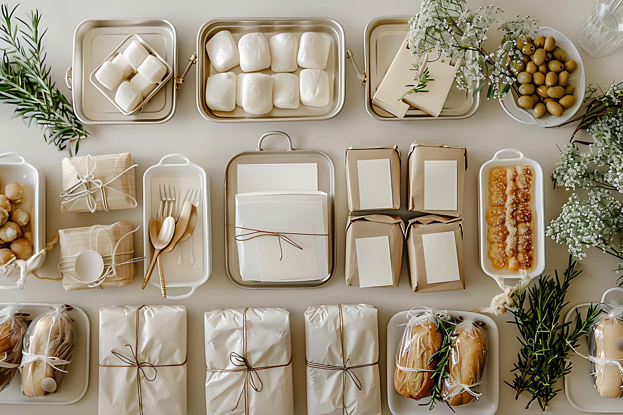 three curated meal boxes displayed on linen